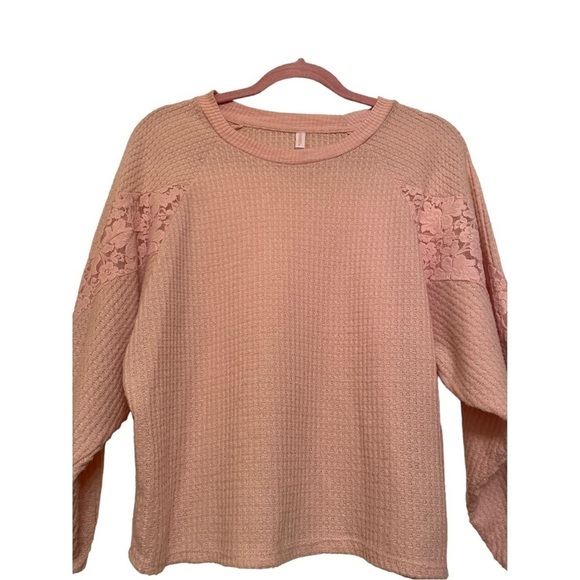 Xhiliration Light Pink Waffle Weave Sweater with Lace Detail size small - Picture 1 of 6